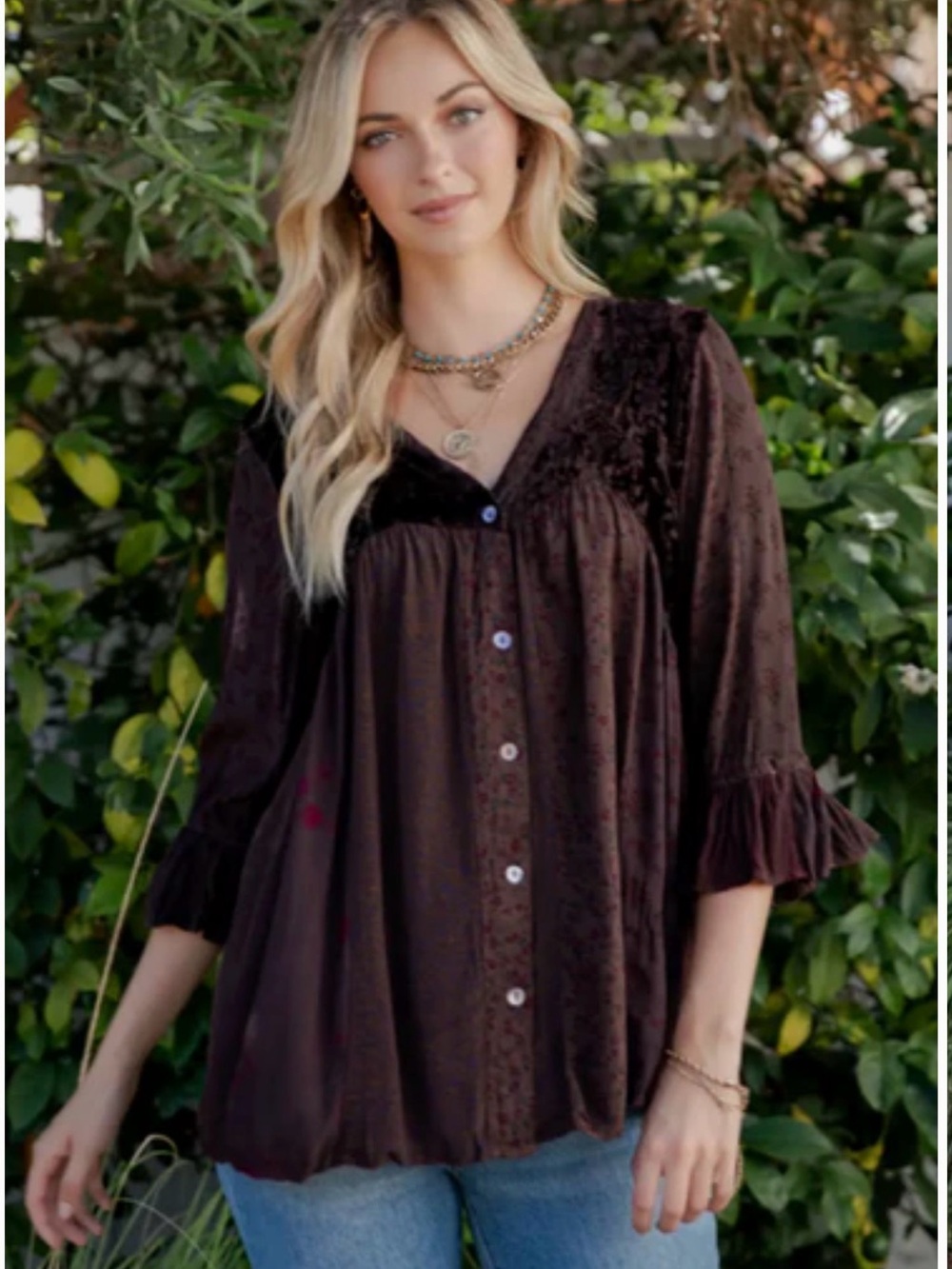 K157 Young Threads Women's Dark Brown Velvet Button-Front Peasant Blouse NWT